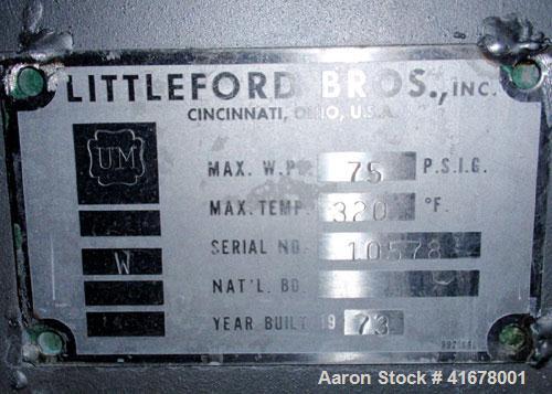 Used Littleford Batch Type Plow Mixer, model FM130-D, stainless steel. 3 cubic feet working capacity, 4.6 total. Jacketed chamber 19" diameter x 26" long, rated 75 psi at 320 deg F. Bolt on plows. Ai...
