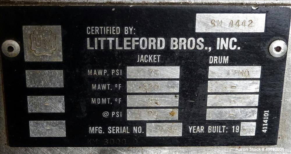Used Littleford Plow Mixer, Model KM-3000-D, 304 Stainless Steel,