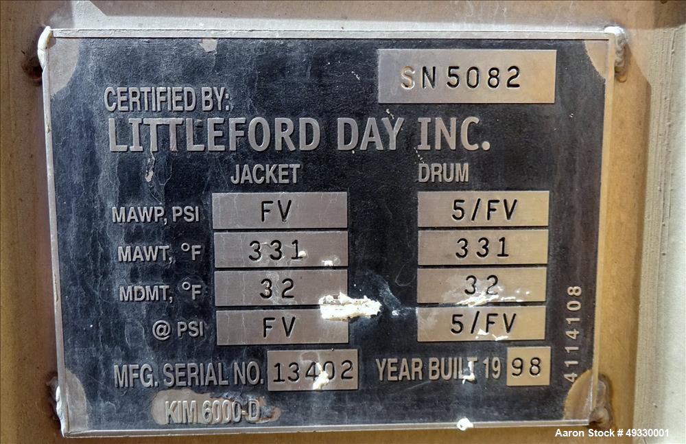 Used Littleford Plow Mixer, Model KM6000D, 6000 Liter