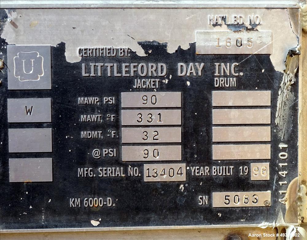 Used Littleford Plow Mixer, Model KM6000D, 6000 Liter
