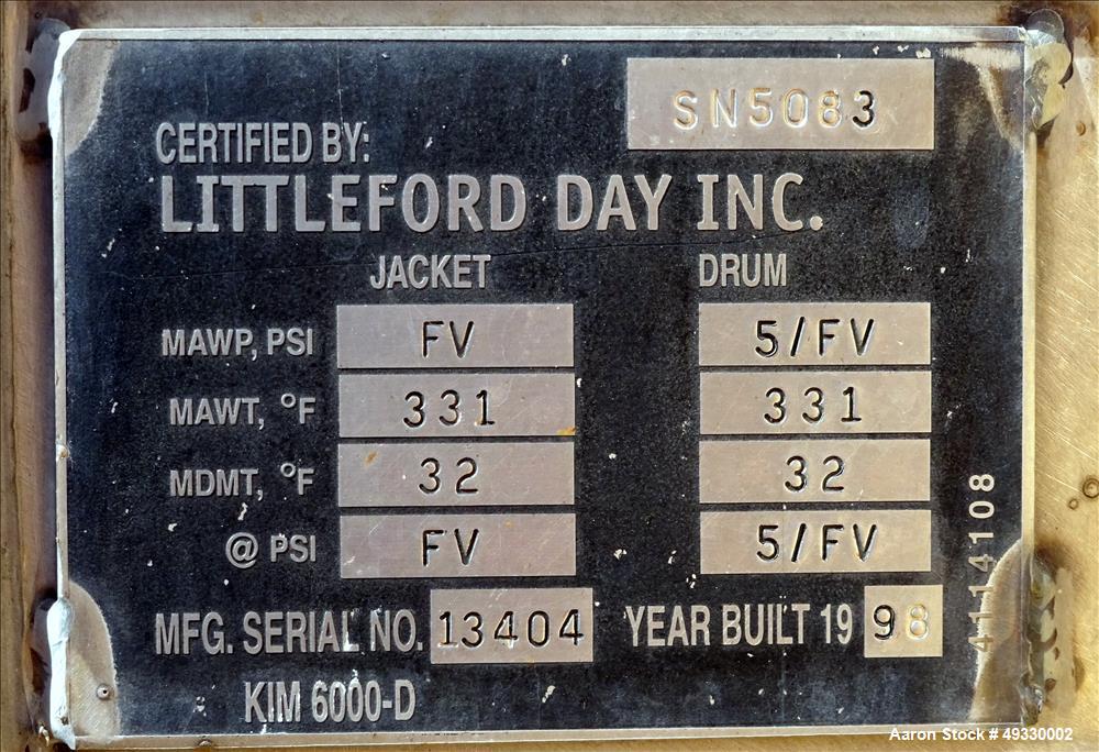 Used Littleford Plow Mixer, Model KM6000D, 6000 Liter