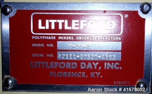 Used Littleford/Lodige Lab Plow Mixer, model MB20R, 20 liter (0.7 cubic feet) capacity, stainless steel. Jacketed chamber, rated 14.9 psi at 250 deg F. 1.5 kW, 230/460 volt main drive, on stainless s...