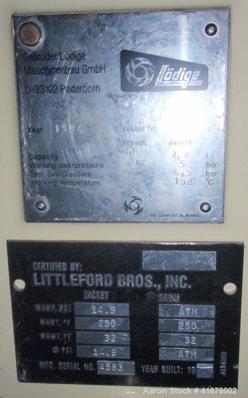 Used Littleford/Lodige Lab Plow Mixer, model MB20R, 20 liter (0.7 cubic feet) capacity, stainless steel. Jacketed chamber, rated 14.9 psi at 250 deg F. 1.5 kW, 230/460 volt main drive, on stainless s...