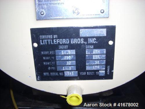 Used Littleford/Lodige Lab Plow Mixer, model MB20R, 20 liter (0.7 cubic feet) capacity, stainless steel. Jacketed chamber, rated 14.9 psi at 250 deg F. 1.5 kW, 230/460 volt main drive, on stainless s...