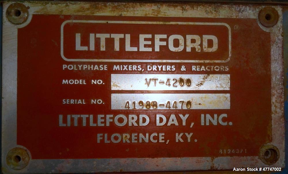 Used Littleford Vacuum Dryer Plow Mixer, Model VT-4200-D, Total capacity 148.3