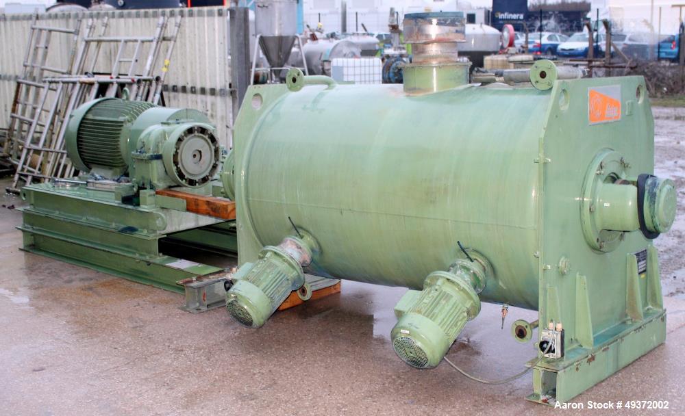 Used Lodige mixer, type FKM2000D/2MZ. Material of construction is stainless steel on product contact parts, Total capacity 70 Cu ft (2000 liter), working capacity 47 cu ft (1333 liter). Jacketed body...