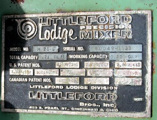 USED: Lodige/Paderborn lab size plow mixer, model M-20-G, 304 stainless steel. .42 cu ft working capacity, .71 total. Non-jacketed chamber 12" diameter x 11" straight side. 1-1/2" diameter shaft with...