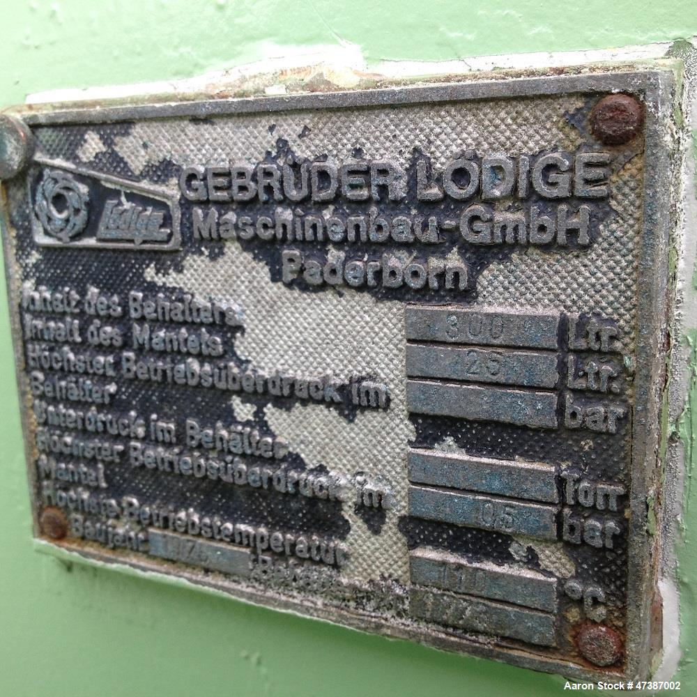 Used Lodige Plow Mixer, stainless steel 316. Max capacity 79.28 gallons (300 liters). Max. pressure 0.5 bar. Max. temperature 230 F (110 C).