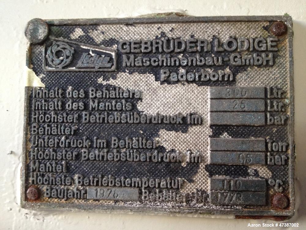 Used Lodige Plow Mixer, stainless steel 316. Max capacity 79.28 gallons (300 liters). Max. pressure 0.5 bar. Max. temperature 230 F (110 C).