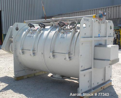 Used Lodige Batch Type Plow Mixer, 304 Stainless Steel. Approximate 70 cubic foot working capacity (2000 liter), 82 total. Non-jacketed chamber 48" diameter x 79" straight side. 4-1/2" diameter shaft...