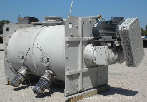 Used Lodige Batch Type Plow Mixer, 304 Stainless Steel. Approximate 70 cubic foot working capacity (2000 liter), 82 total. Non-jacketed chamber 48" diameter x 79" straight side. 4-1/2" diameter shaft...