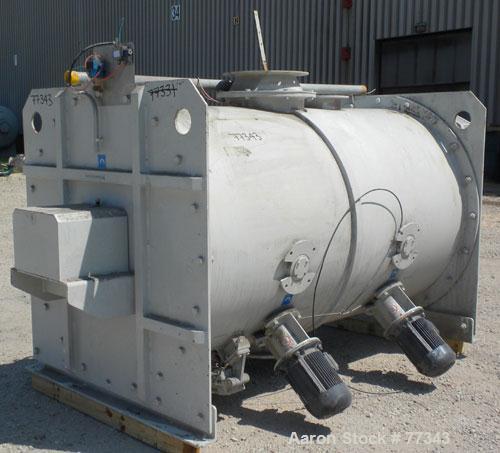 Used Lodige Batch Type Plow Mixer, 304 Stainless Steel. Approximate 70 cubic foot working capacity (2000 liter), 82 total. Non-jacketed chamber 48" diameter x 79" straight side. 4-1/2" diameter shaft...
