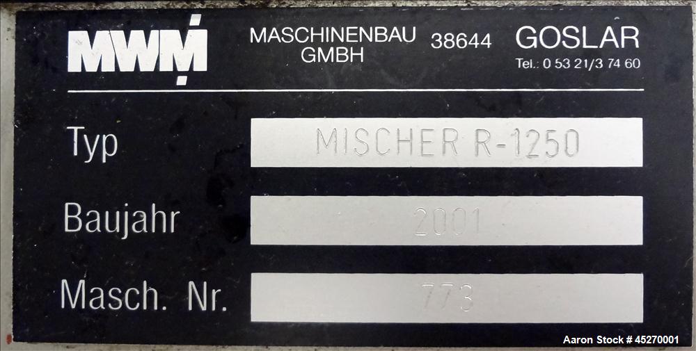 Used Stainless Steel MWM Continuous Plow Mixer, Model MISCHER-R-1250. Approximately 44 cubic feet (1250 liters)