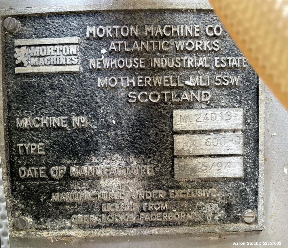 Used Morton Machine Plow Mixer, Model FKM600D, 321 Stainless Steel. Total capacity 21.18 cubic foot (600 liter), working capacity 14.13 cubic foot (400 liter). Approximately 790mm (31.1") diameter x ...