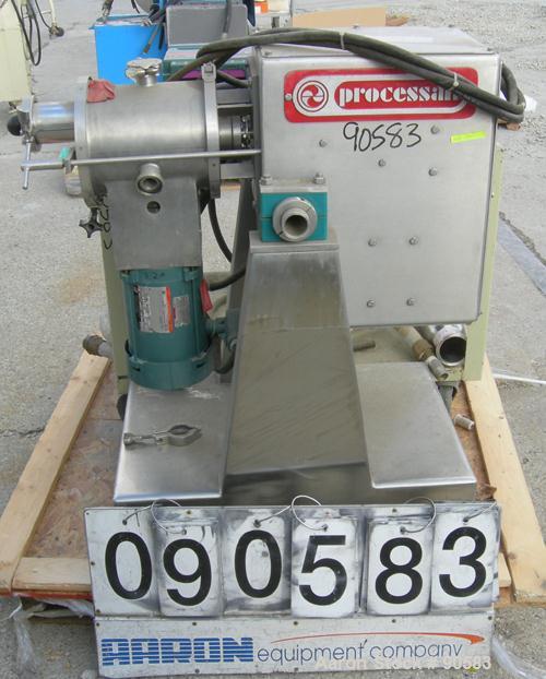 Used Processall Tilt-A-Mix Lab Size Plow Mixer, Model 4 H/V, 304 stainless steel. 2 liter working capacity (.07 cubic feet), 4 total. Non-jacketed chamber 6" diameter x 9" deep. 4 welded on plow blad...