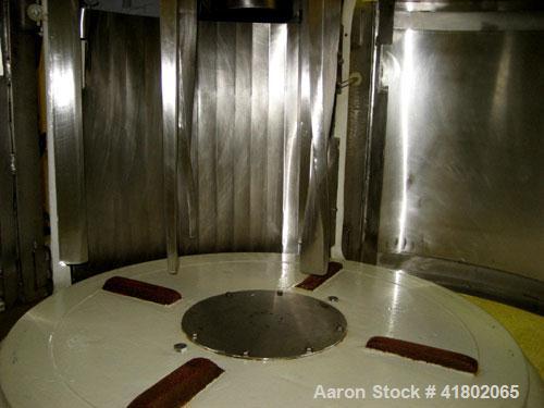 Used Day Single Motion Pony Mixer, Model 4, stainless steel contact area. 125 gallon working capacity. (3) Agitator blades turning at 32 rpm. (1) Fixed baffle counter-balanced top head. Driven by an ...
