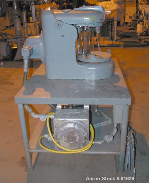 USED: J H Day single motion pony mixer, model OA. 304 stainless steel contact area. 3 gallon working capacity. 4 agitator blades turning at 90-45 rpm. (1) fixed baffle counter-balanced top head. 2 sp...