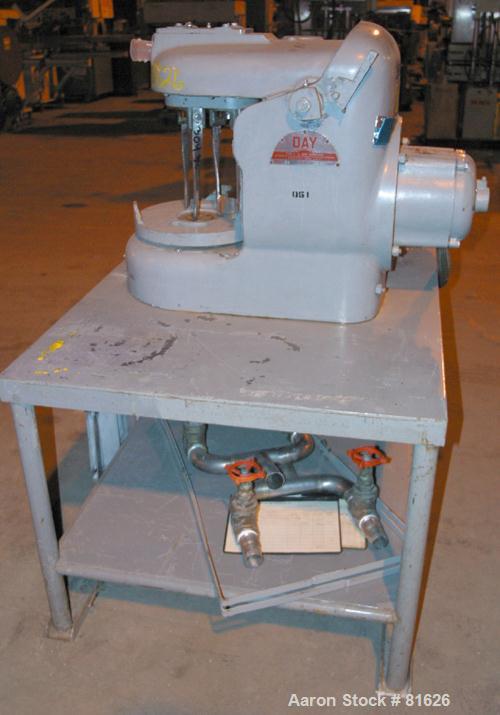 USED: J H Day single motion pony mixer, model OA. 304 stainless steel contact area. 3 gallon working capacity. 4 agitator blades turning at 90-45 rpm. (1) fixed baffle counter-balanced top head. 2 sp...