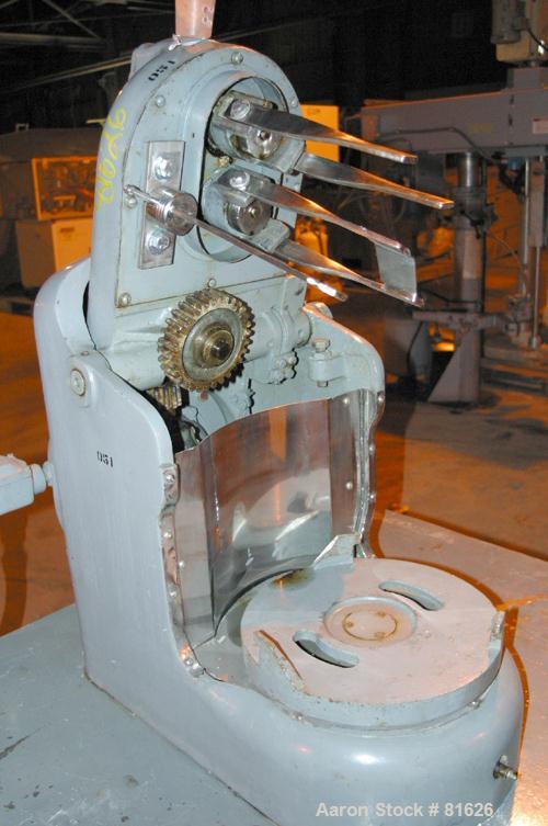 USED: J H Day single motion pony mixer, model OA. 304 stainless steel contact area. 3 gallon working capacity. 4 agitator blades turning at 90-45 rpm. (1) fixed baffle counter-balanced top head. 2 sp...