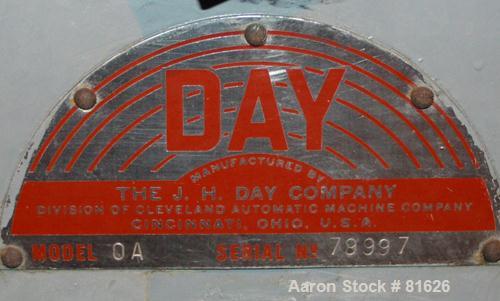 USED: J H Day single motion pony mixer, model OA. 304 stainless steel contact area. 3 gallon working capacity. 4 agitator blades turning at 90-45 rpm. (1) fixed baffle counter-balanced top head. 2 sp...