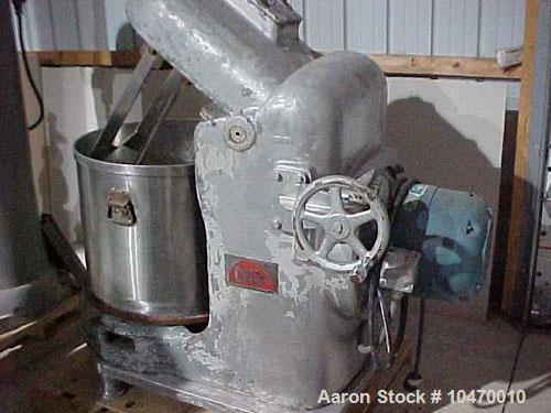 Used Day Pony Mixer, 40 gallon working capacity; stainless steel contact parts; 3 center mixing blades and 2 close to sides; 5 hp, 2 speed, 3/60/220 volt drive motor.