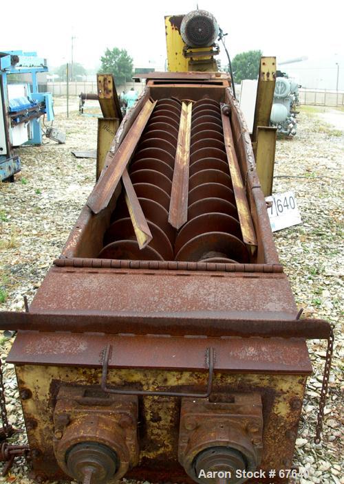 Used Davis Pug Mill, Inclined Screw Conveyor, Model S216, Carbon Steel. (2) 16" Diameter x 13' long screws, 24" x 33" wide end bottom discharge, driven by a 75 hp, 230/460 volt, 1775 rpm motor thru a...