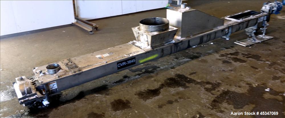 Used KWS Continuous Twin Shaft Paddle Mixer/Pug Mill, 304 Stainless Steel. (2) 6" Diameter x 165" long shafts with fixed paddles. Trough 13" wide x 165" long, bolt on top cover with openings. Driven ...