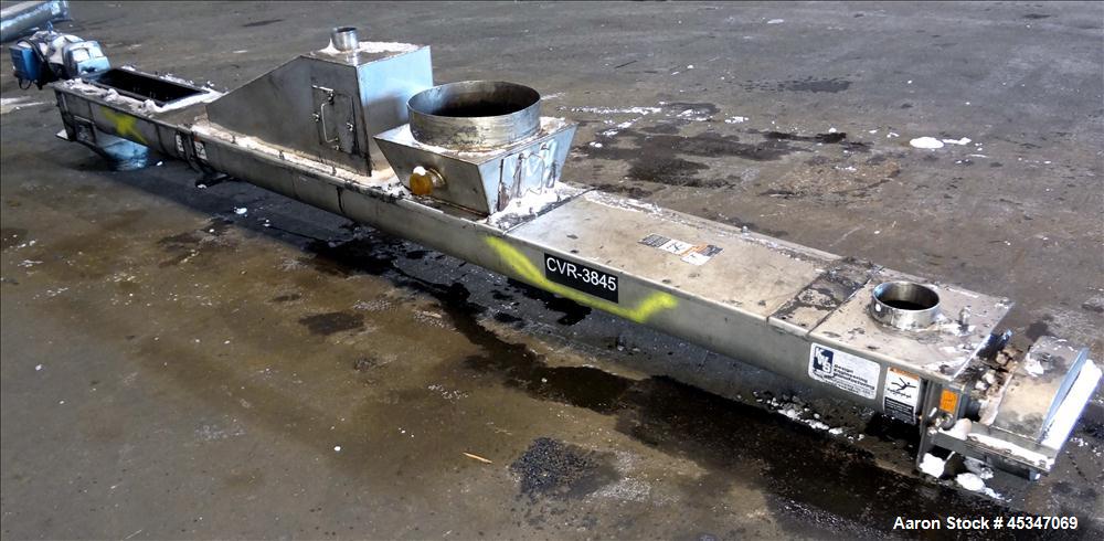 Used KWS Continuous Twin Shaft Paddle Mixer/Pug Mill, 304 Stainless Steel. (2) 6" Diameter x 165" long shafts with fixed paddles. Trough 13" wide x 165" long, bolt on top cover with openings. Driven ...