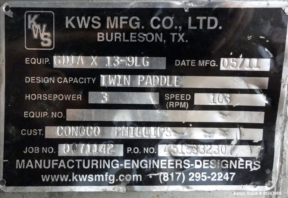 Used KWS Continuous Twin Shaft Paddle Mixer/Pug Mill, 304 Stainless Steel. (2) 6" Diameter x 165" long shafts with fixed paddles. Trough 13" wide x 165" long, bolt on top cover with openings. Driven ...