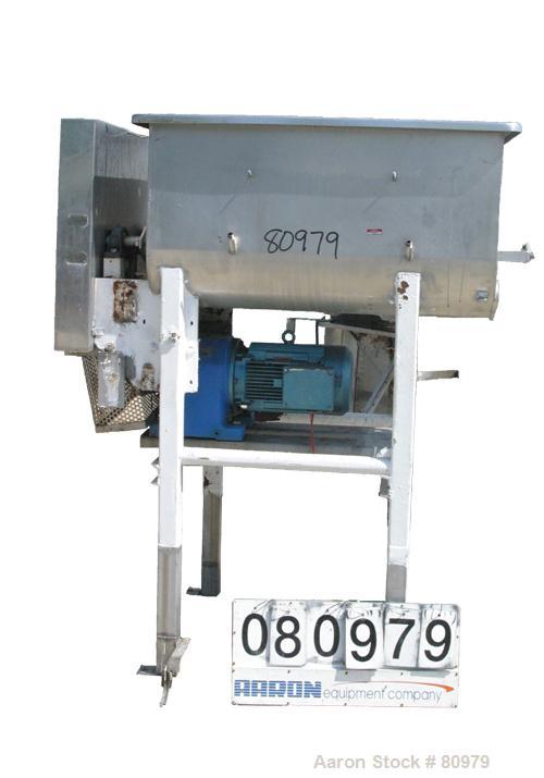 Used Twin Screw Mixer, 32 Cubic Feet, 304 Stainless Steel. Non-jacketed trough 36" wide x 48" long x 20" deep. (2) 20" diameter x 3-1/2" pitch screws. No top cover, (1) end bottom outlet. Driven by a...