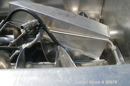 Used Twin Screw Mixer, 32 Cubic Feet, 304 Stainless Steel. Non-jacketed trough 36" wide x 48" long x 20" deep. (2) 20" diameter x 3-1/2" pitch screws. No top cover, (1) end bottom outlet. Driven by a...