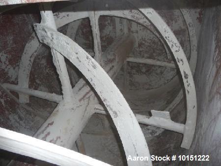 Used Double Ribbon Mixer. Approximately 320 cubic foot working capacity, chain driven by 30 hp motor. Has 12" diameter air actuated center bottom outlet, 2.5" wide outer ribbon, 5" wide inner ribbon....