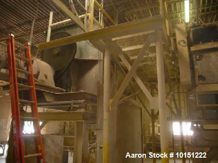 Used Double Ribbon Mixer. Approximately 320 cubic foot working capacity, chain driven by 30 hp motor. Has 12" diameter air actuated center bottom outlet, 2.5" wide outer ribbon, 5" wide inner ribbon....