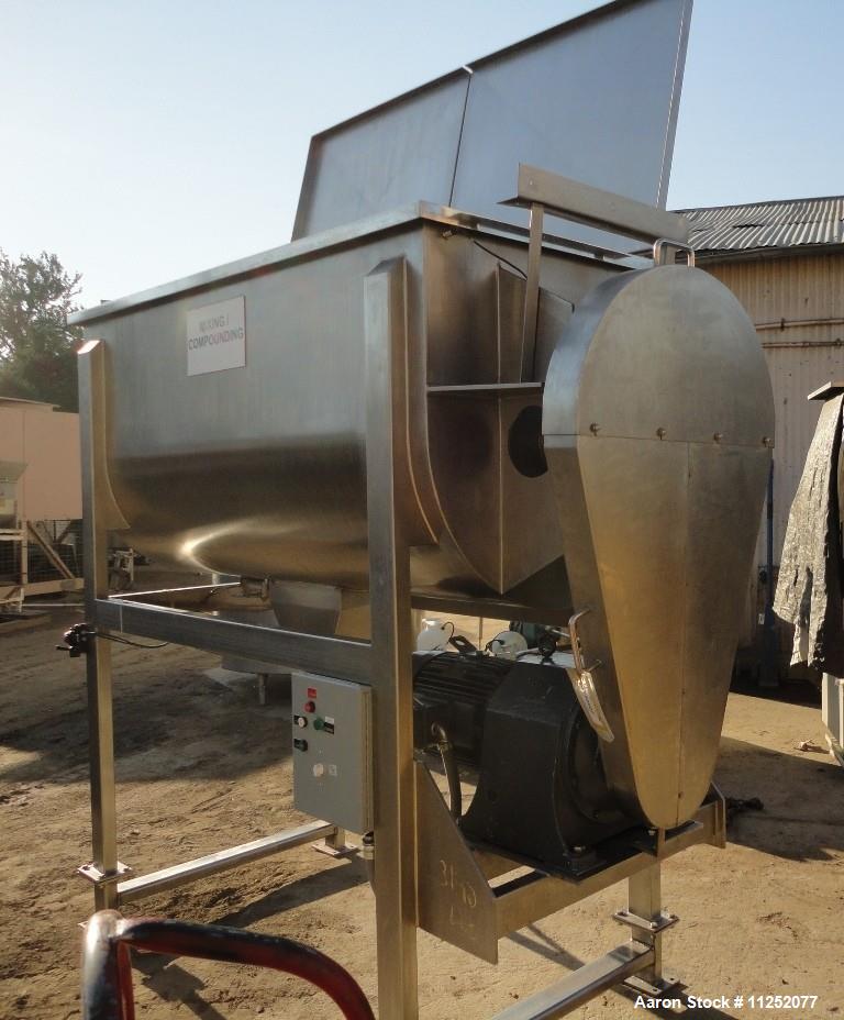 Used- Stainless Steel Double Ribbon Mixer. 50 cubic foot working capacity, polished 304 stainless steel contacts, trough mea...