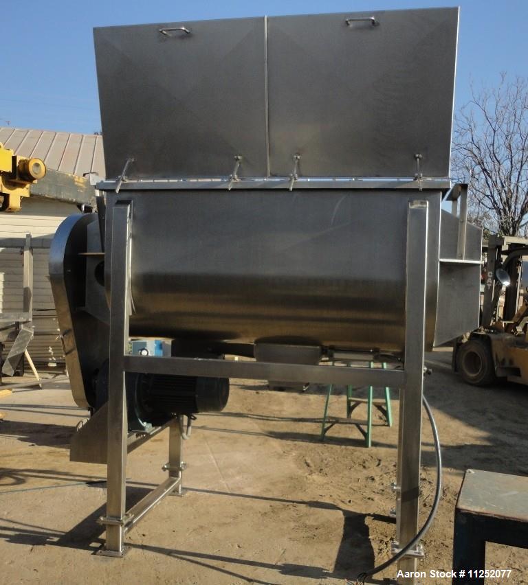 Used- Stainless Steel Double Ribbon Mixer. 50 cubic foot working capacity, polished 304 stainless steel contacts, trough mea...