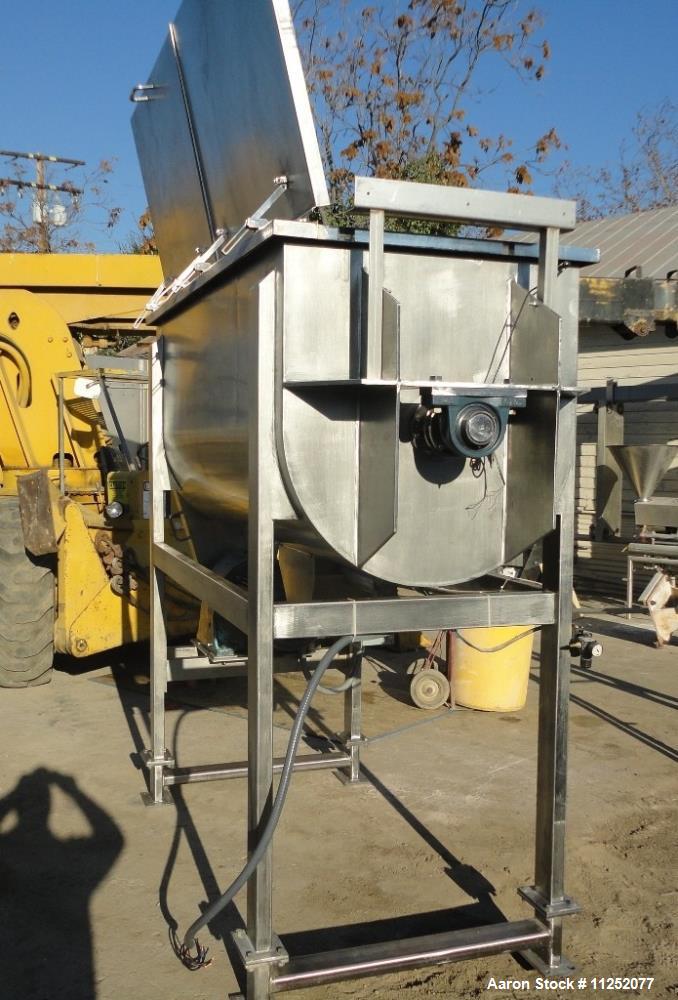 Used- Stainless Steel Double Ribbon Mixer. 50 cubic foot working capacity, polished 304 stainless steel contacts, trough mea...