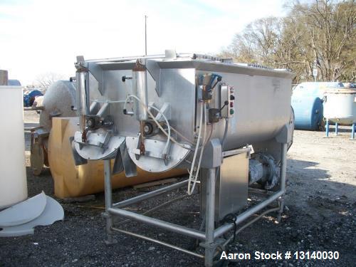 Used- Ribbon Mixer, approximately 50 Cubic Feet.  Twin shaft, stainless steel. Trough measures 52" wide x 84" long x 34" dee...