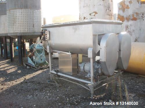 Used- Ribbon Mixer, approximately 50 Cubic Feet.  Twin shaft, stainless steel. Trough measures 52" wide x 84" long x 34" dee...