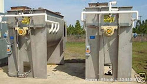 Used Hayes & Stolz Double Ribbon Blender. Manufactured 1998. 196 cubic foot, food grade stainless steel, 40 hp drive, 10 rpm at ribbon, covered top with (2) 7" and (2) 25" square inlets. Approximatel...