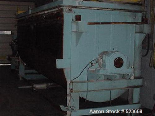 USED: 300 cubic foot single ribbon blender. Trough center bottomoutlet with pneumatic slide gate valve. Dimensions: 60" wide x 15'3"long x 64" deep. Outboard roller bearings. 6" diameter shaft. Ribbo...