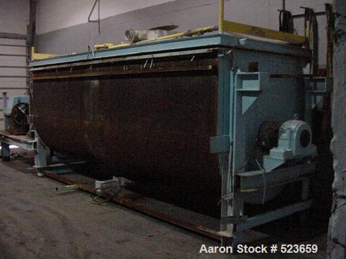 USED: 300 cubic foot single ribbon blender. Trough center bottomoutlet with pneumatic slide gate valve. Dimensions: 60" wide x 15'3"long x 64" deep. Outboard roller bearings. 6" diameter shaft. Ribbo...