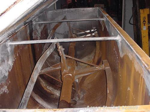 USED: 300 cubic foot single ribbon blender. Trough center bottomoutlet with pneumatic slide gate valve. Dimensions: 60" wide x 15'3"long x 64" deep. Outboard roller bearings. 6" diameter shaft. Ribbo...