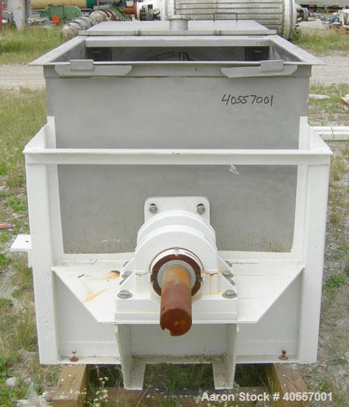 Used Double Spiral Ribbon Blender, 64 cubic feet working capacity, 304 stainless steel. Non-jacketed trough 36" wide x 96" long x approximately 41" deep. 5 1/2" diameter shaft, inner ribbon 2" wide x...