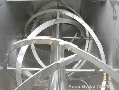 Used- Double Spiral Ribbon Blender, 64 cubic feet working capacity, 304 stainless steel. Non-jacketed trough 36" wide x 96" ...