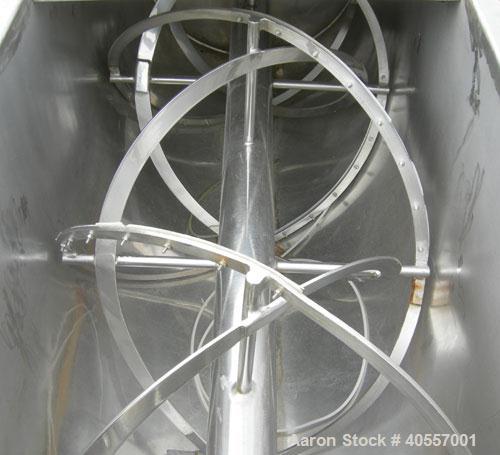 Used- Double Spiral Ribbon Blender, 64 cubic feet working capacity, 304 stainless steel. Non-jacketed trough 36" wide x 96" ...