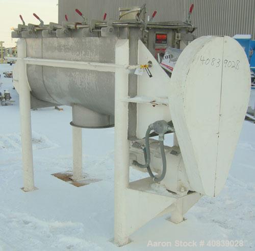 Used:  Aaron Process Double Spiral Ribbon Blender, 24 Cubic Foot Working Capacity, 316 Stainless Steel.  Non-jacketed trough 26" wide x 66" long x approximately 30" deep.  3 1/2" diameter shaft, inne...