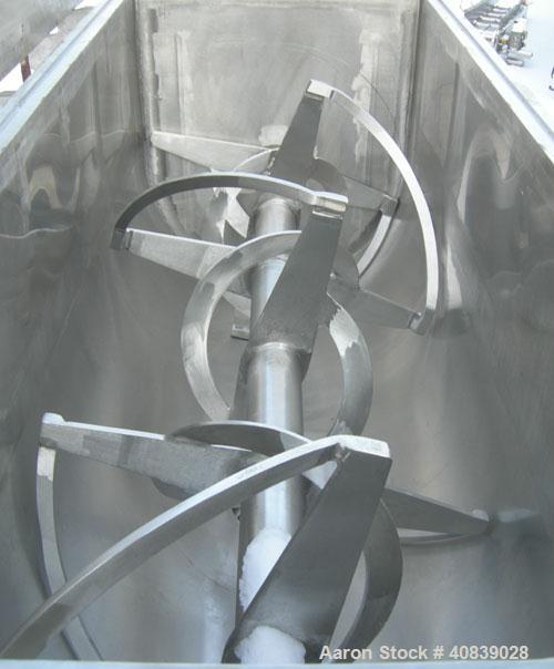 Used:  Aaron Process Double Spiral Ribbon Blender, 24 Cubic Foot Working Capacity, 316 Stainless Steel.  Non-jacketed trough 26" wide x 66" long x approximately 30" deep.  3 1/2" diameter shaft, inne...