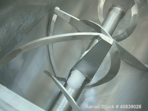 Used:  Aaron Process Double Spiral Ribbon Blender, 24 Cubic Foot Working Capacity, 316 Stainless Steel.  Non-jacketed trough 26" wide x 66" long x approximately 30" deep.  3 1/2" diameter shaft, inne...