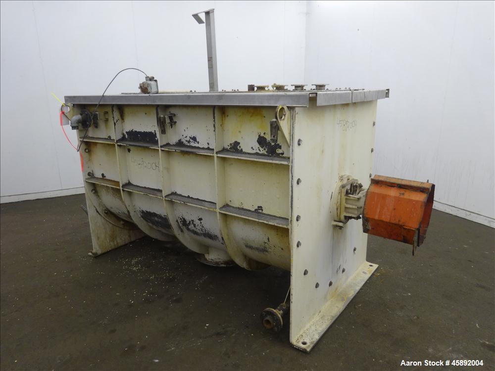 Used MAP s.r.l Double Spiral Ribbon Blender, Approximate 65 Cubic Feet, 304 Stainless Steel. Carbon steel dimple jacketed trough approximate 41" wide x 79" long x 47" deep, not rated. 4-1/2" Diameter...