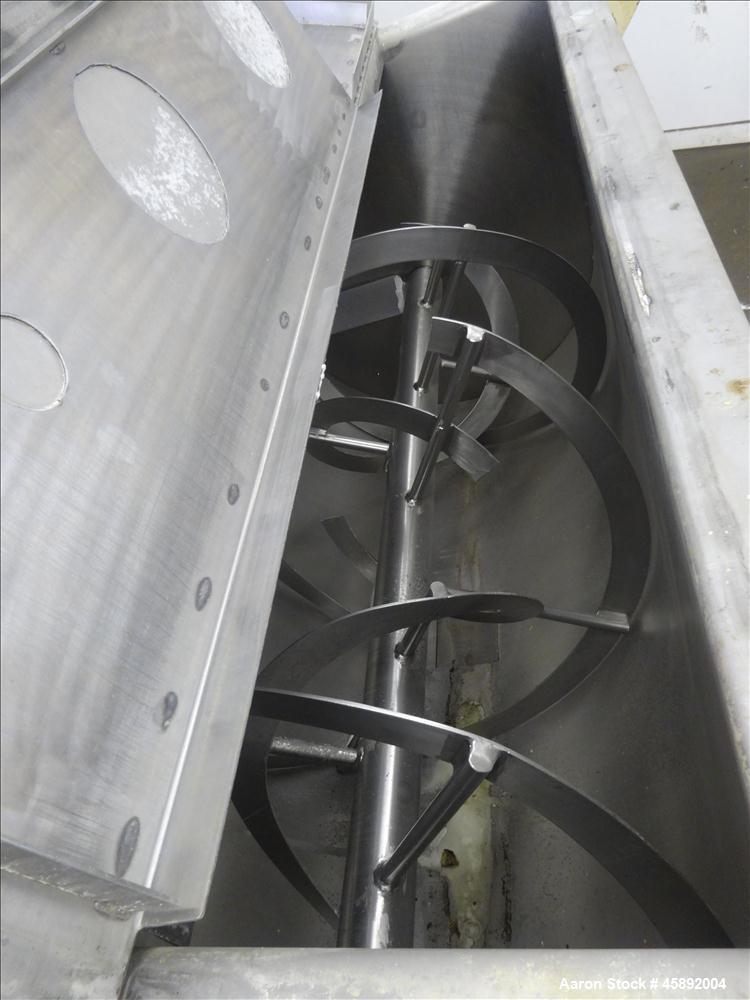 Used MAP s.r.l Double Spiral Ribbon Blender, Approximate 65 Cubic Feet, 304 Stainless Steel. Carbon steel dimple jacketed trough approximate 41" wide x 79" long x 47" deep, not rated. 4-1/2" Diameter...